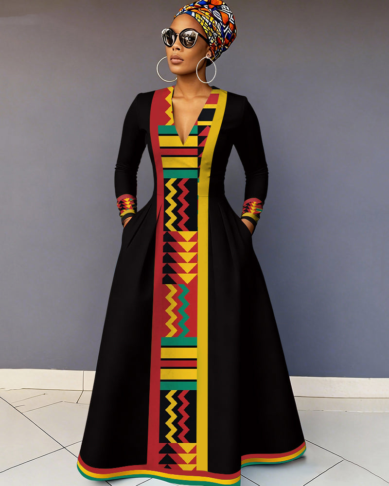 V-Neck African Geometric Reggae Stripes Color Pocket Long-Sleeved Maxi Dress