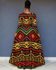 V-Neck Stripes Geometric Pocket Long-Sleeved Maxi Dress