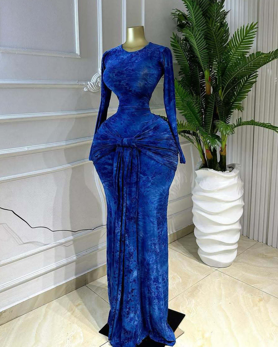 Elegant Floral Printed Long Sleeve Mermaid Maxi Dress