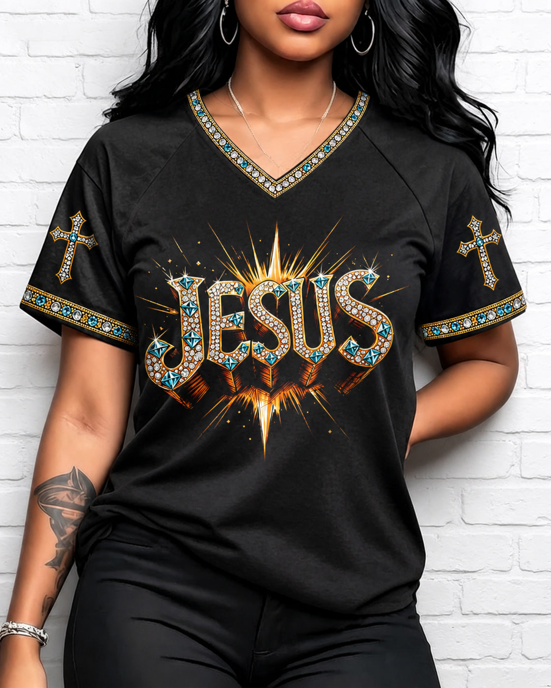 Christian Cross Print V-neck Short Sleeve Tshirt