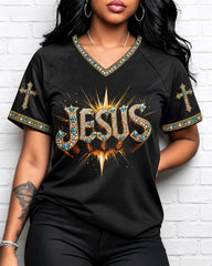 Christian Cross Print V-neck Short Sleeve Tshirt