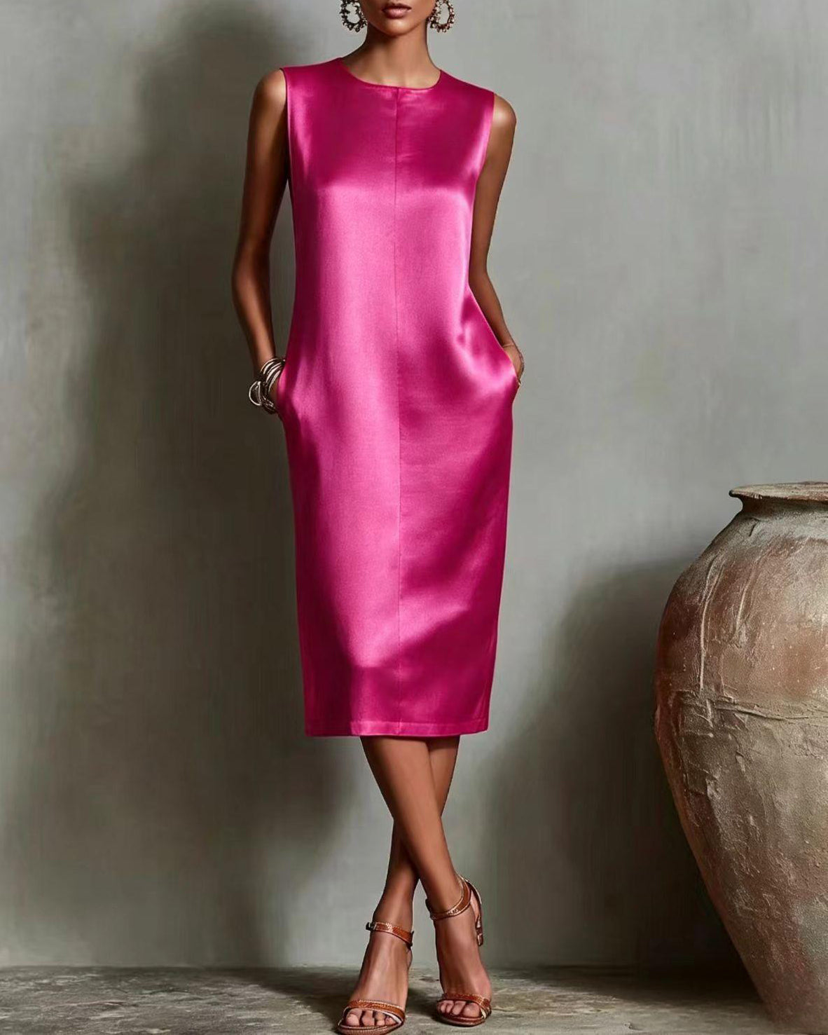 Silk Casual Solid Tailored Sleeveless Midi Dress