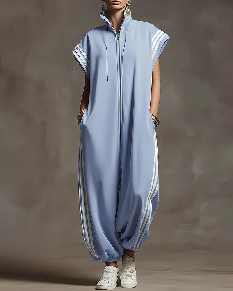 Contrast Color Pockets Split-Joint Striped Zipper Stand Collar Jumpsuits