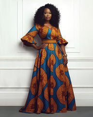 V-neck Flared Sleeve African Print High Waist Dress with Pockets