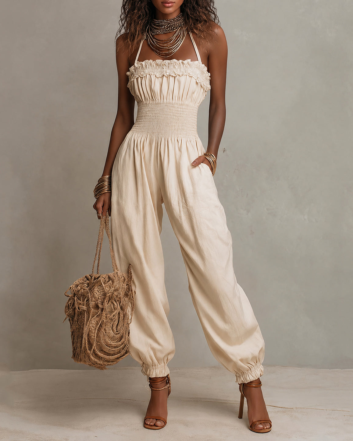 Bohemian Lace-trimmed Linen Blend Backless Jumpsuit