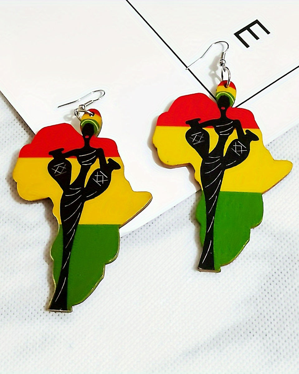 African Geometric Map Black History Month Color Wooden Earrings