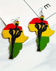 African Geometric Map Black History Month Color Wooden Earrings