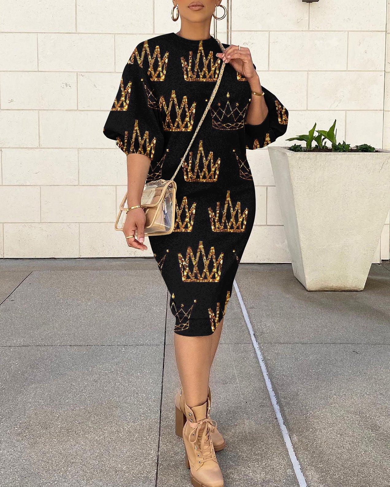 Round Neck Golden Crown Lantern Sleeve Simple Sweatshirt Dress
