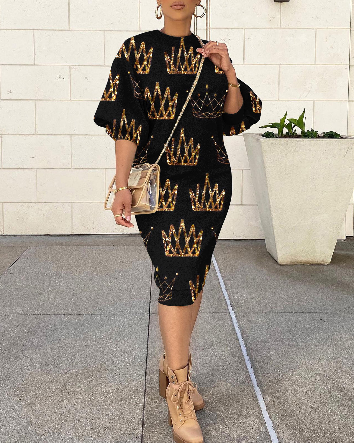 Round Neck Golden Crown Lantern Sleeve Simple Sweatshirt Dress