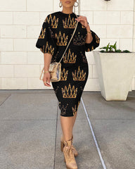 Round Neck Golden Crown Lantern Sleeve Simple Sweatshirt Dress