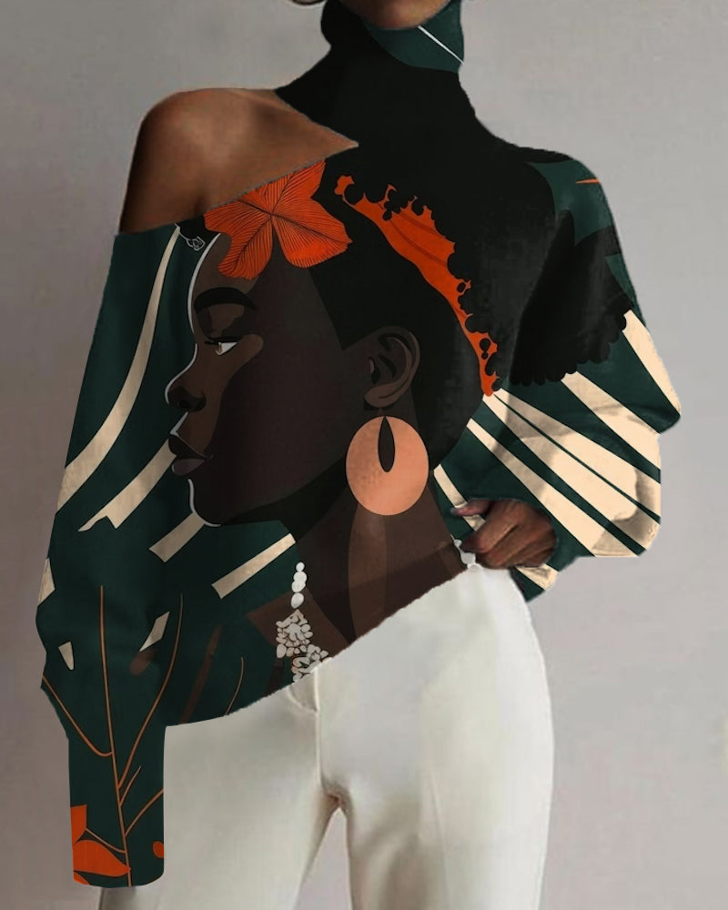 Black Girl Plant Color Matching Print Sexy Cutout Top