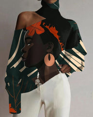 Black Girl Plant Color Matching Print Sexy Cutout Top