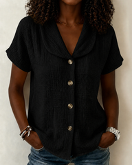 Simple Doll Collar Button Down Short Sleeve Cotton Linen Shirt