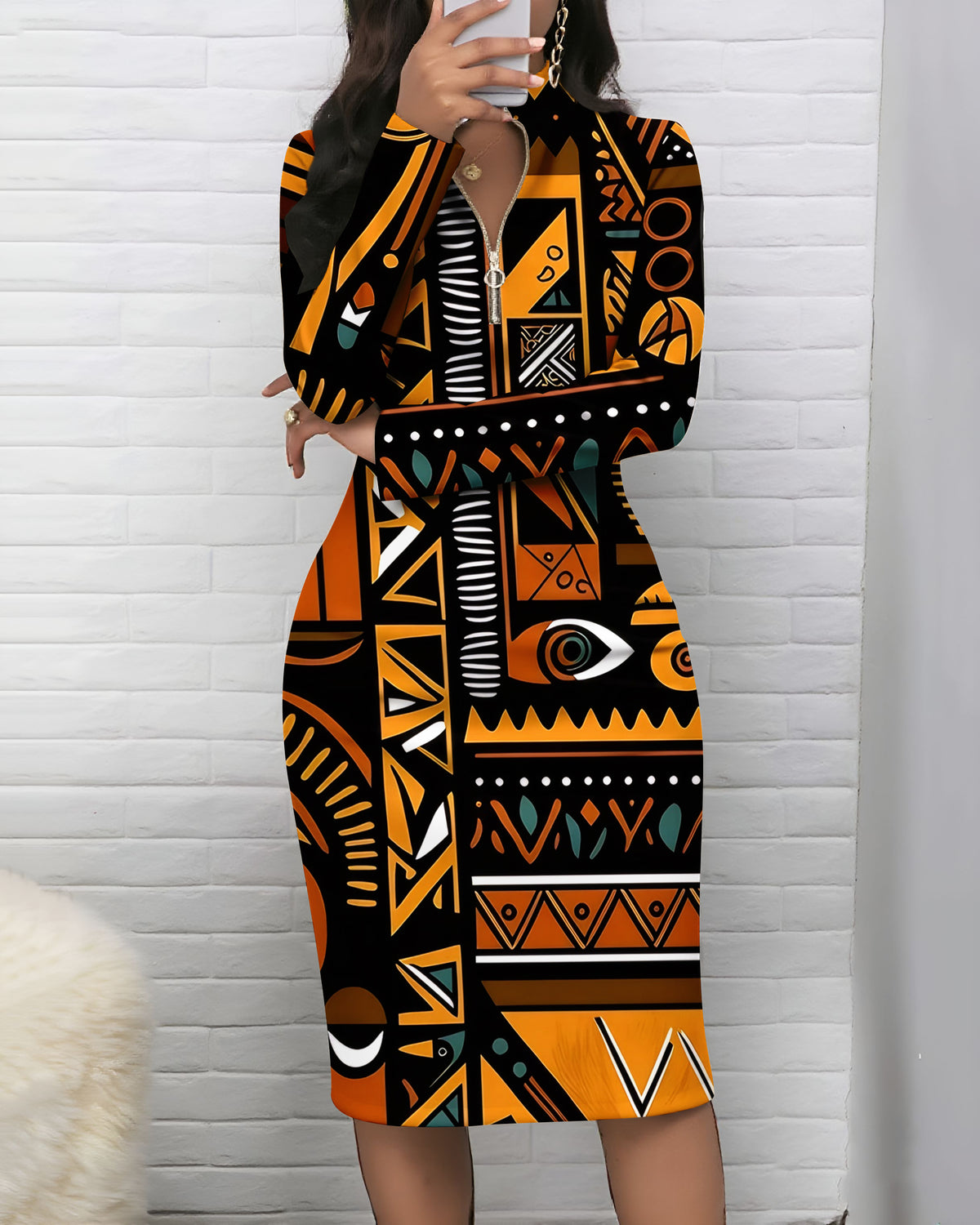 Tribal Totem Prints Zipper Stand Collar Long Sleeve Bodycon Dress