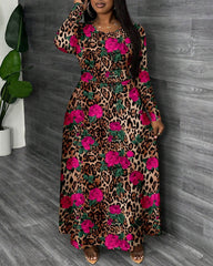 Leopard Rose Print Round Neck Long Sleeve Maxi Dress