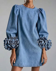 Stylish Denim Dress With 3d Floral Cuffs