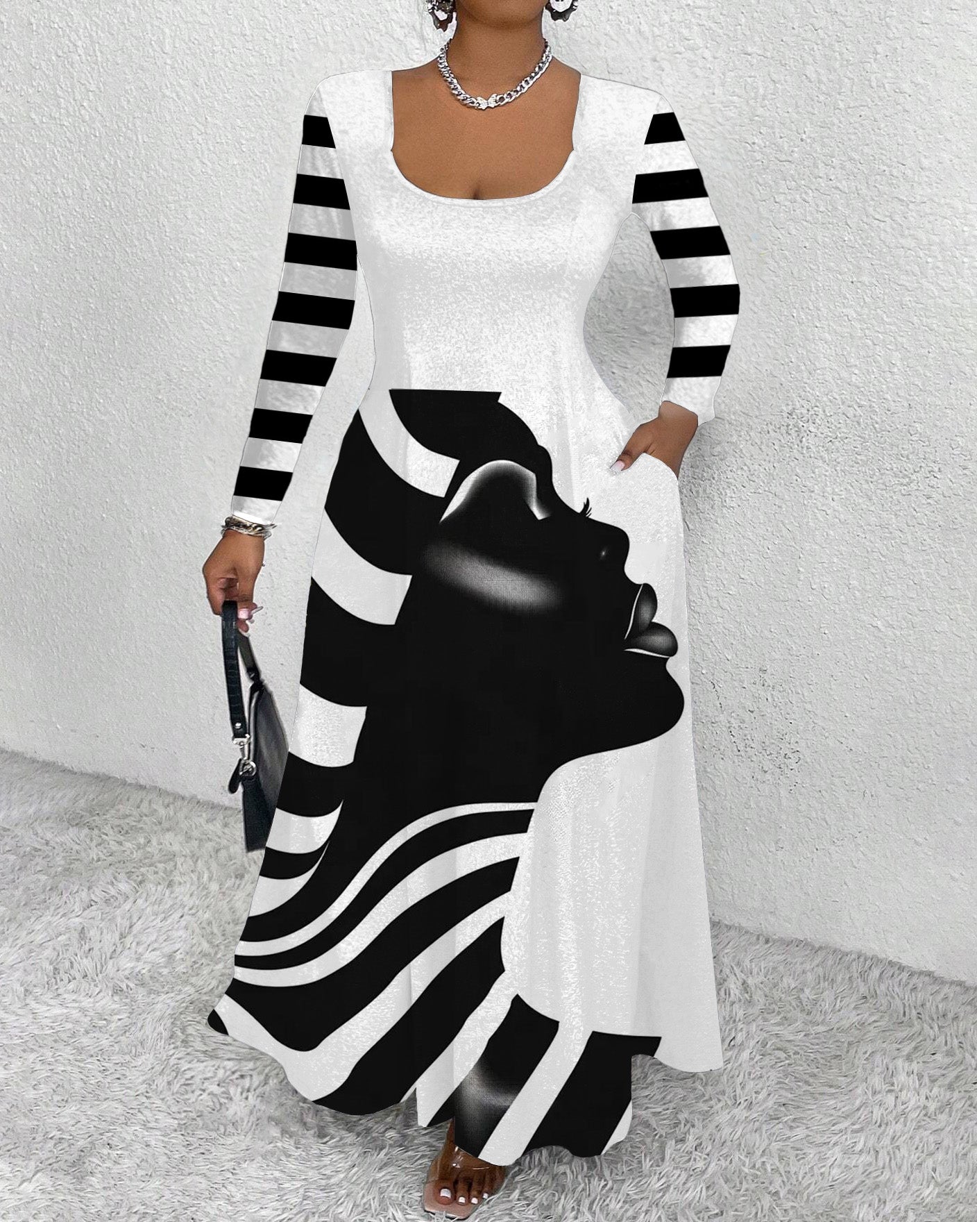 Black and White Striped Face Art Long Sleeve Maxi Dress