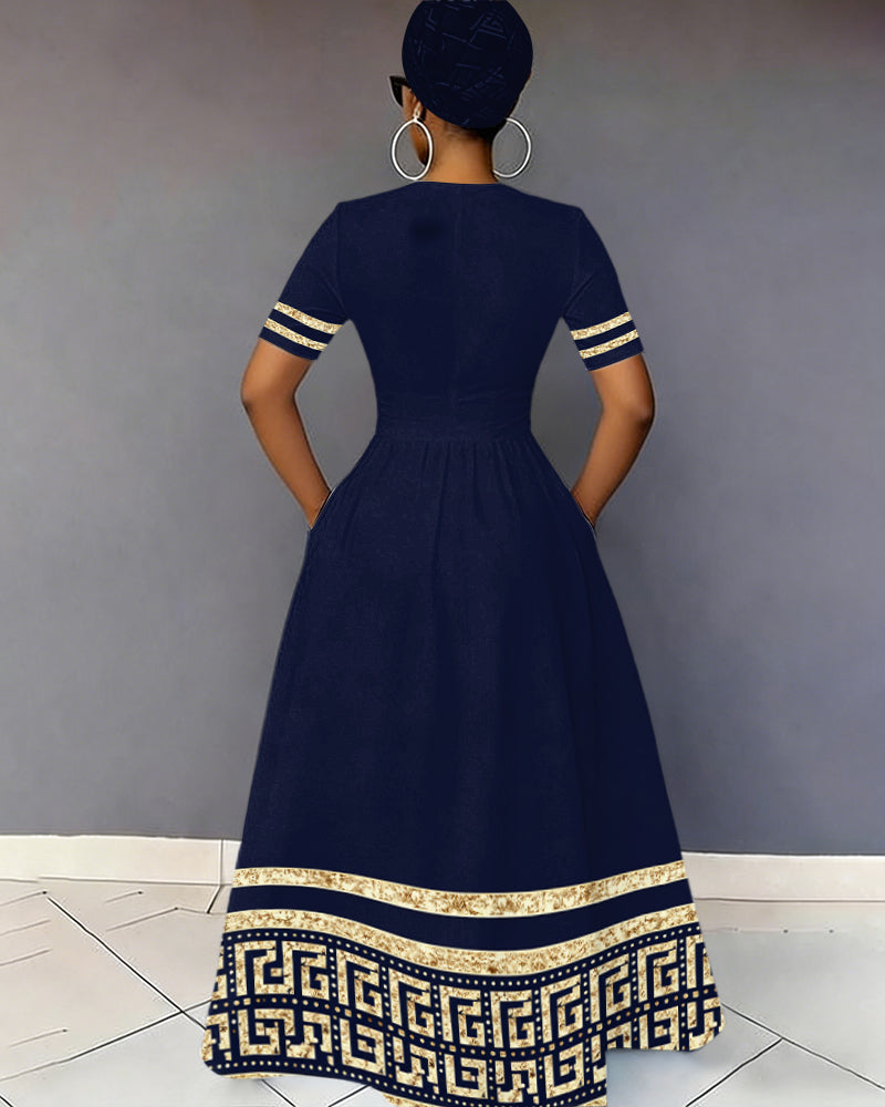 V-Neck Gold Geometric Stripe Patchwork Pocket Short-Sleeved Maxi Dress