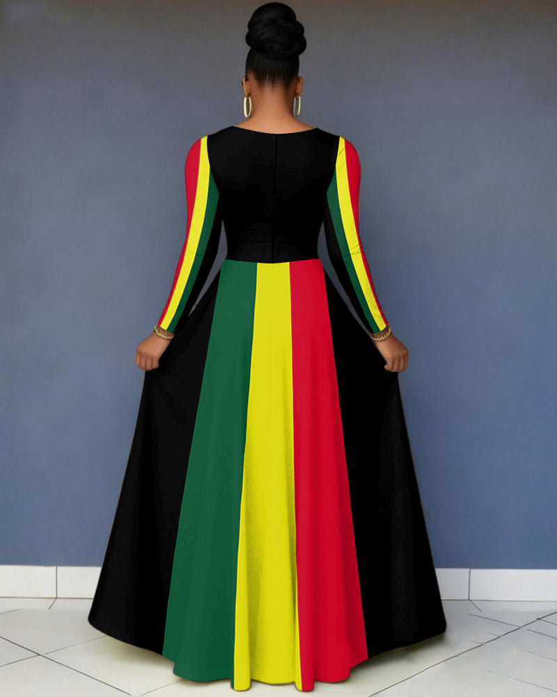 V-Neck Reggae Color Pocket Long-Sleeved Maxi Dress