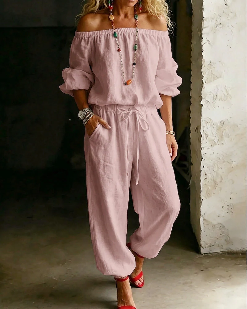 Off-Shoulder Solid Color Cotton Linen Tie Waist Cinched Waist Jumpsuit