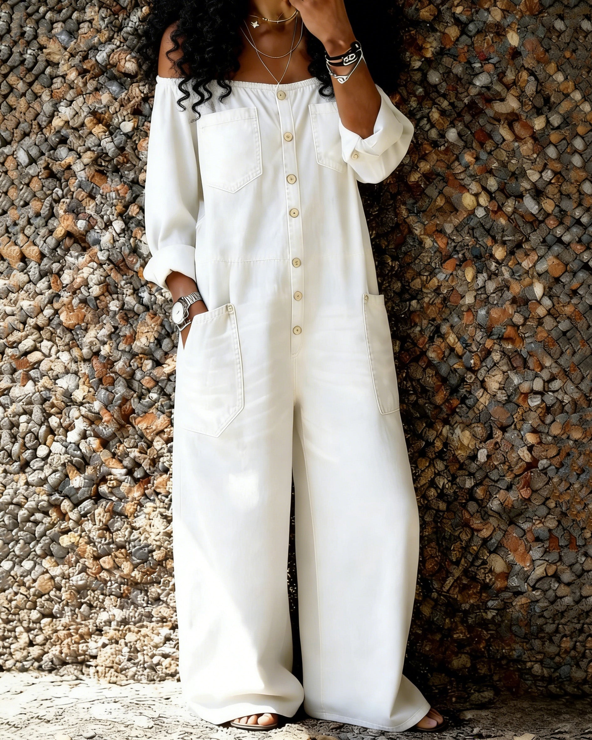 Women's Casual Long-sleeved Washed Cotton Denim Jumpsuit