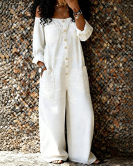Women's Casual Long-sleeved Washed Cotton Denim Jumpsuit