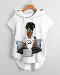 The Boss Brown Girl Hem Drawstring Hooded Tee