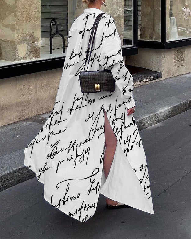 Simple Letter Print Hem Slit Shirt Collar Long Sleeve Maxi Dress