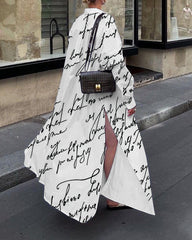Simple Letter Print Hem Slit Shirt Collar Long Sleeve Maxi Dress