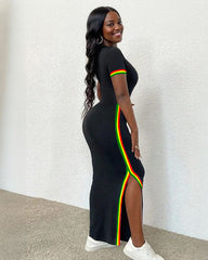 Juneteenth Stripe Hem Slit Crew Neck Short Sleeve Dress