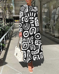 Black and White Geometric Totem Long Sleeve Casual Dress