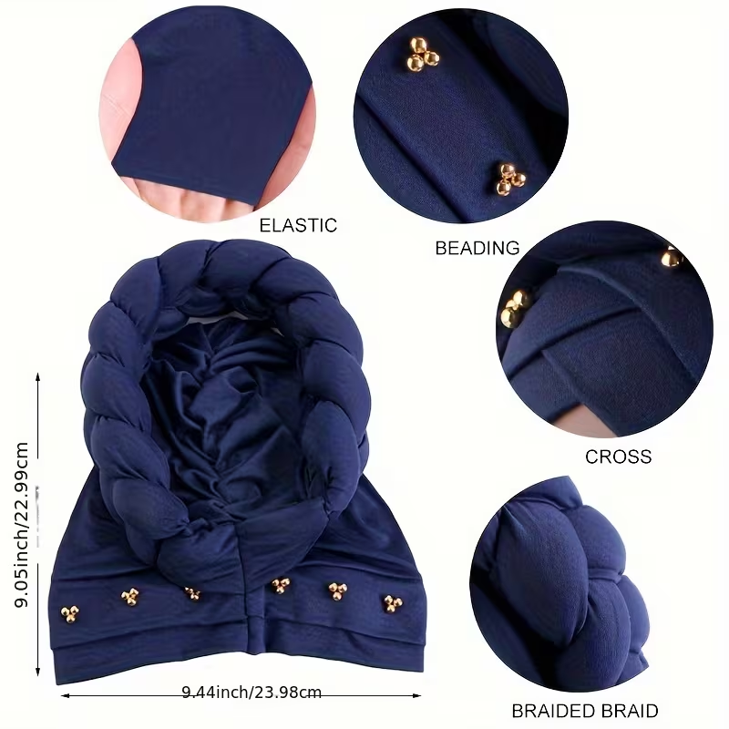 Golden Beaded 3D Oversized Twist Headscarf Beanie with Braid Accents