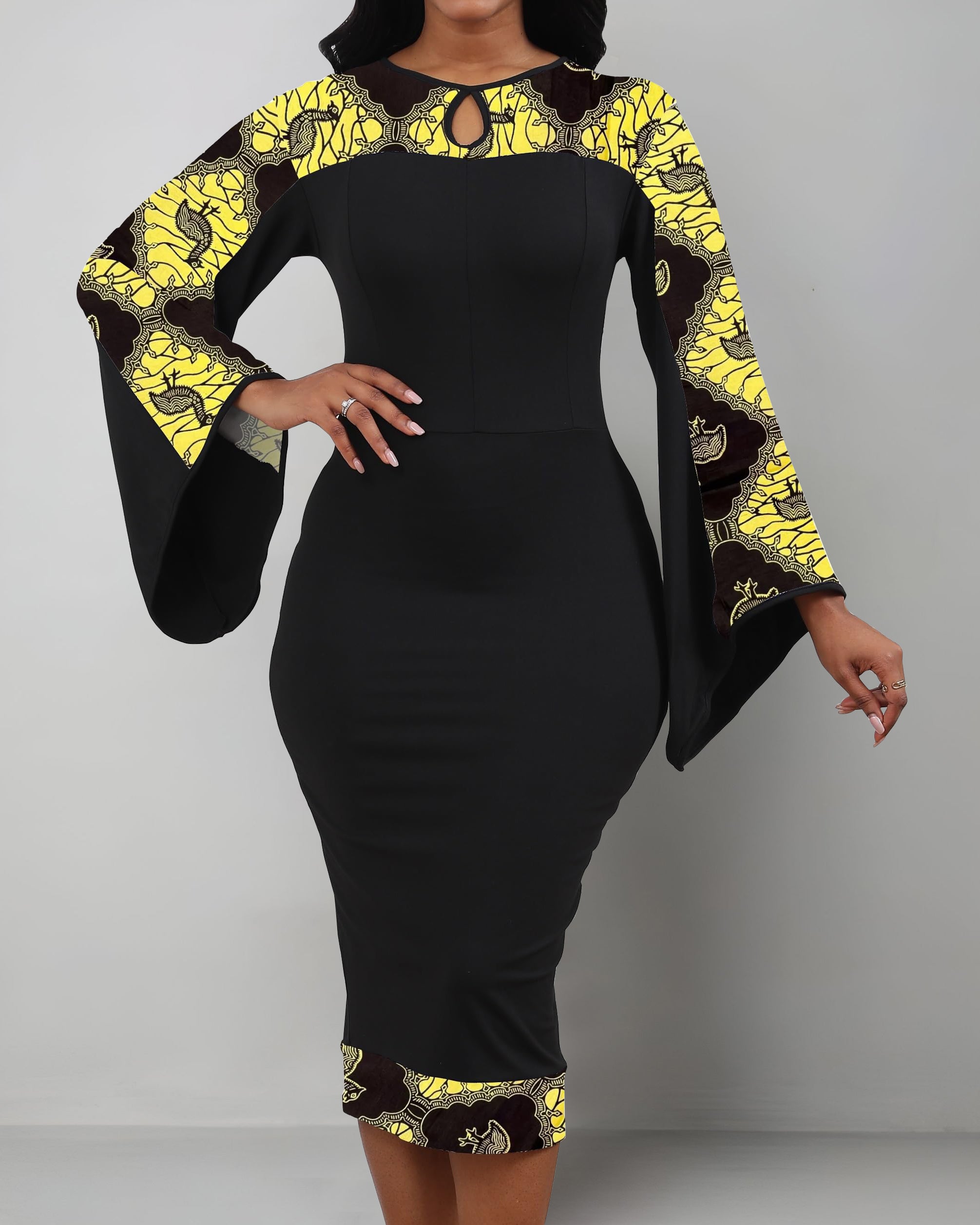 Trendy Ankara Flared Sleeve Bodycon Midi Dress