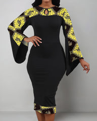 Trendy Ankara Flared Sleeve Bodycon Midi Dress