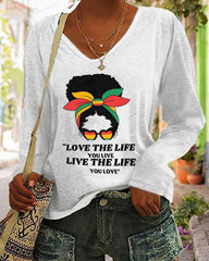 Casual Contrasting Color Black Alphabet Print Long Sleeve V-Neck Top