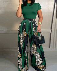 Green Leopard Geometric 2pcs Set Wide Leg Jumpsuit