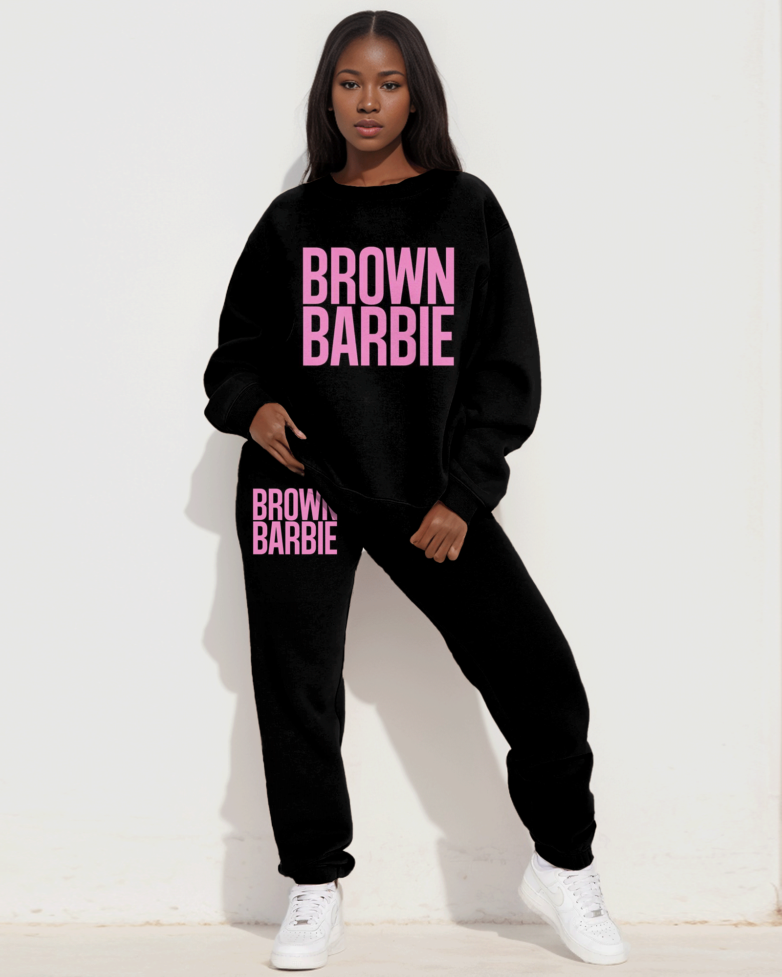 Colorblock Brown Barbie Print Long Sleeve Sweatshirt Two Pieces Set
