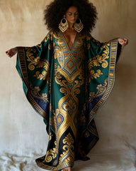 Ghana Kent Cloth Print V-neck Long Kaftan Dress