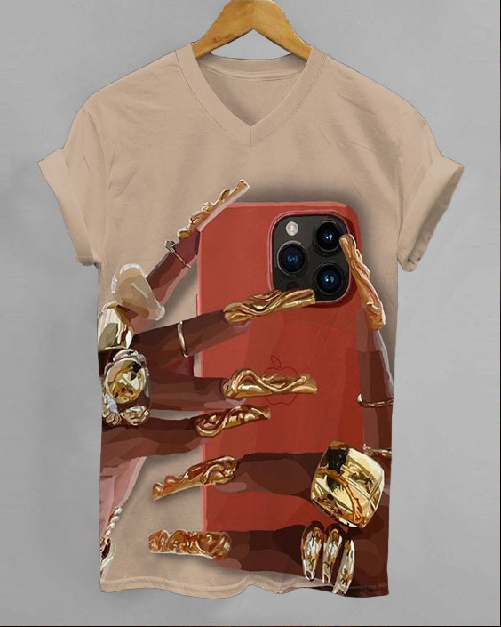 Golden Nail Art Illustration V-neck Short Sleeve Tshirt