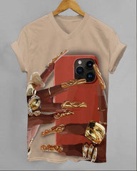 Golden Nail Art Illustration V-neck Short Sleeve Tshirt
