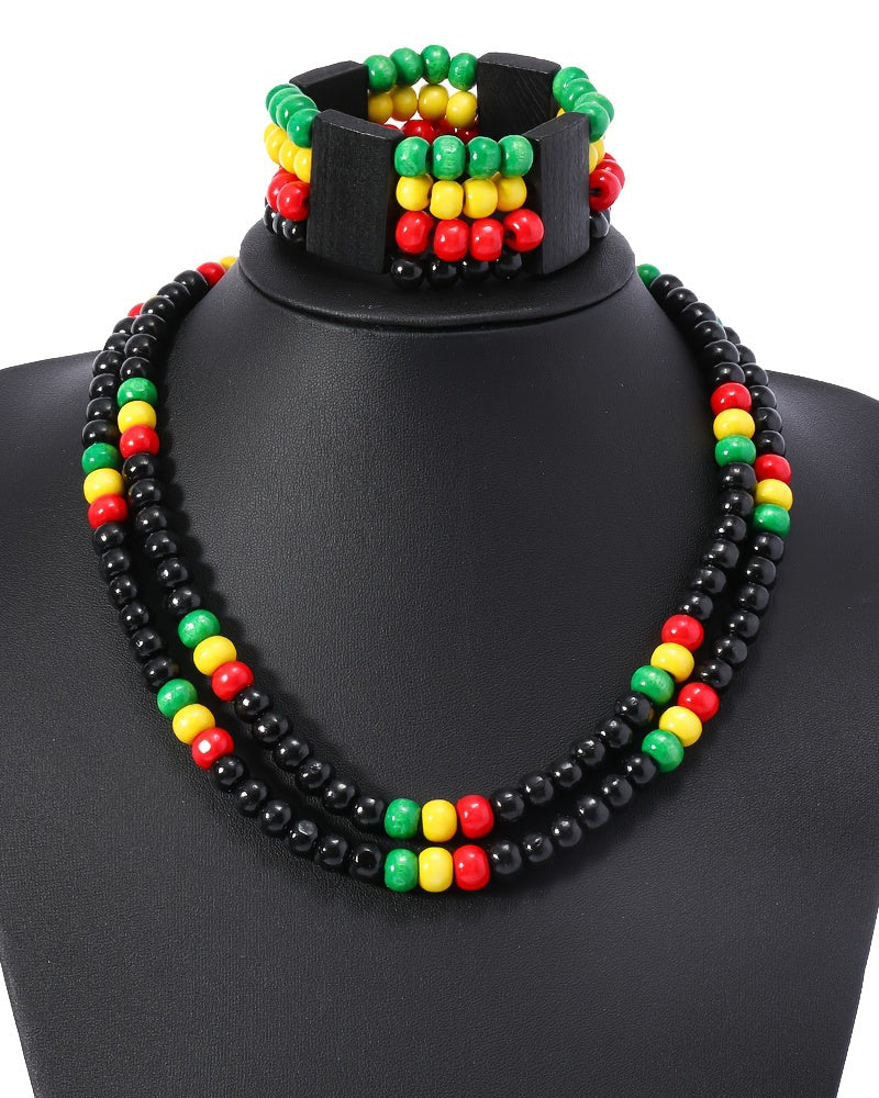 Set of 2 Bohemian Necklaces And Bracelets Featuring Vibrant, Multi-Colored Wooden Beads in Red, Yellow, And Green