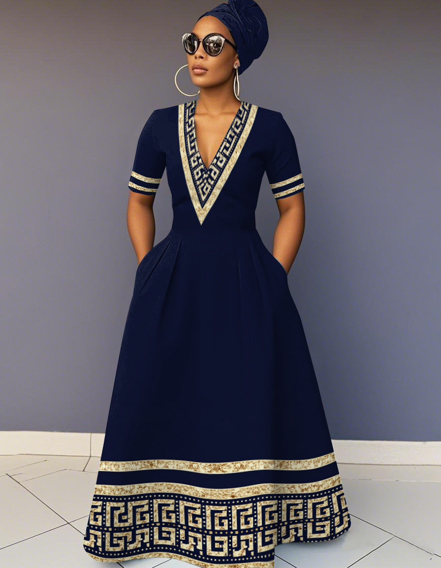 V-Neck Gold Geometric Stripe Patchwork Pocket Short-Sleeved Maxi Dress