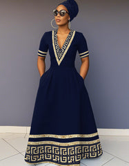 V-Neck Gold Geometric Stripe Patchwork Pocket Short-Sleeved Maxi Dress