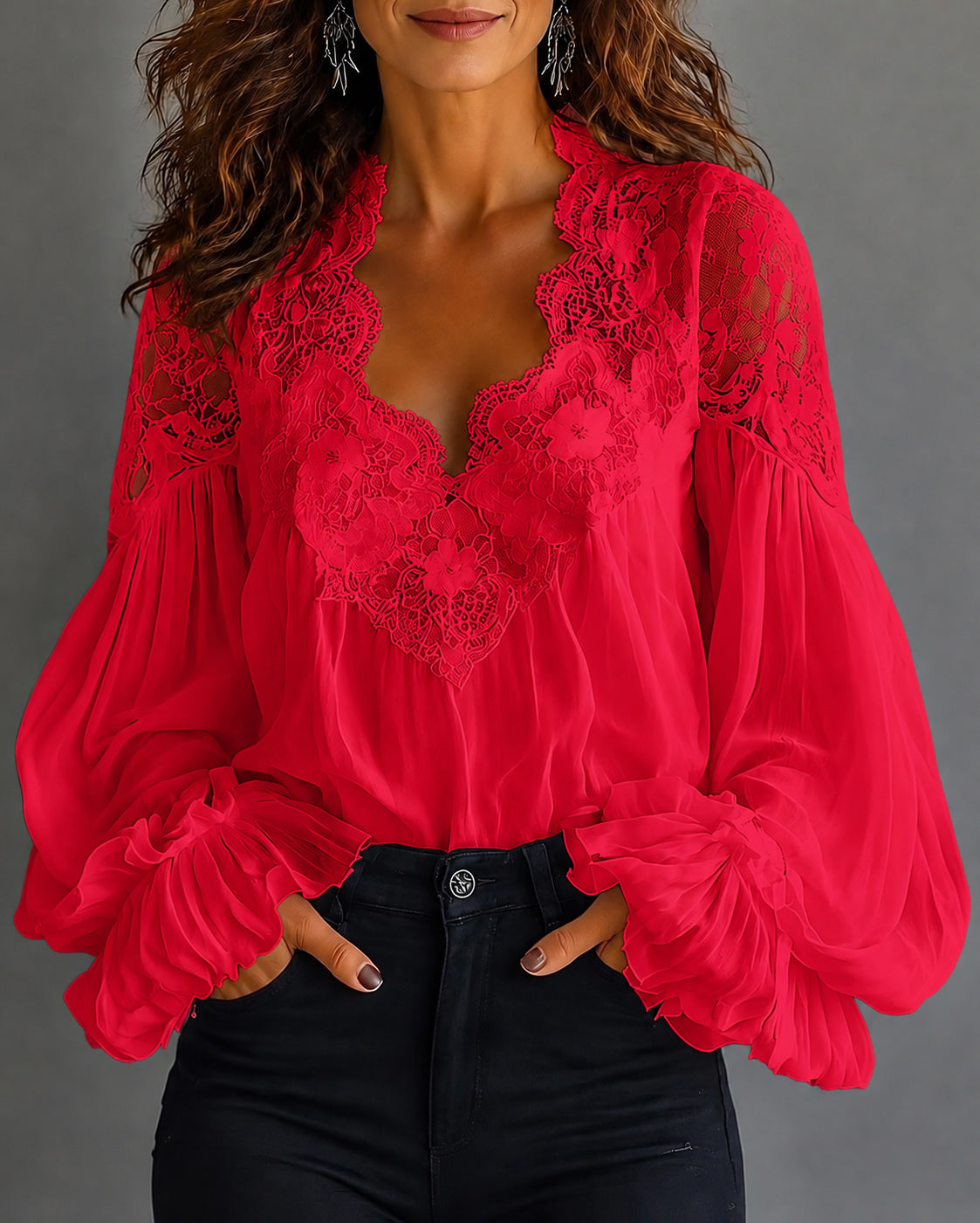 U-neck Puff Sleeve Pleated Lace-trimmed Blouses