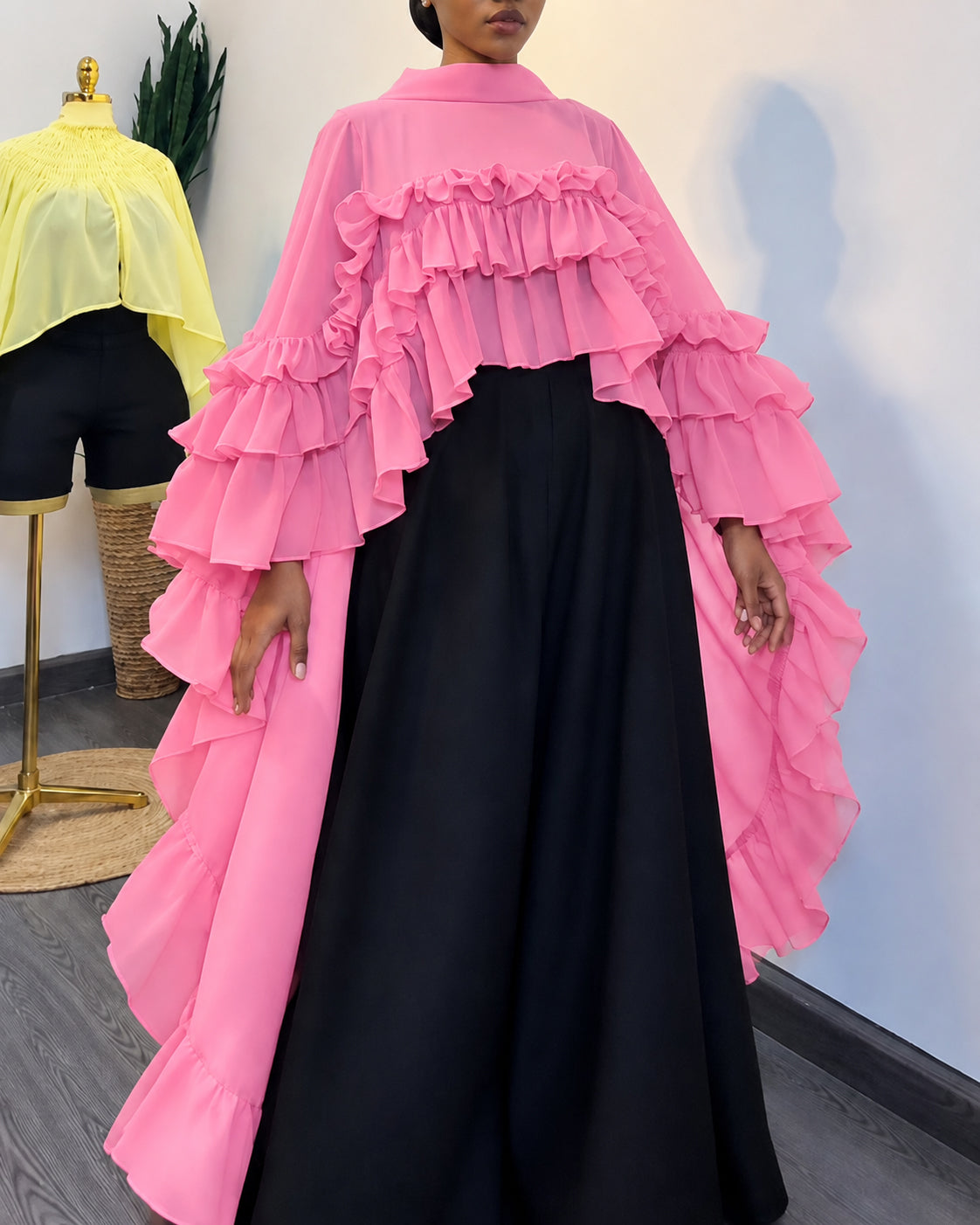 Mock Neck Tiered Ruffle Chiffon Cape Long Blouse