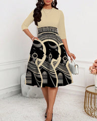 Beautiful African Friends Art Round Neck Long Sleeves Midi Dress