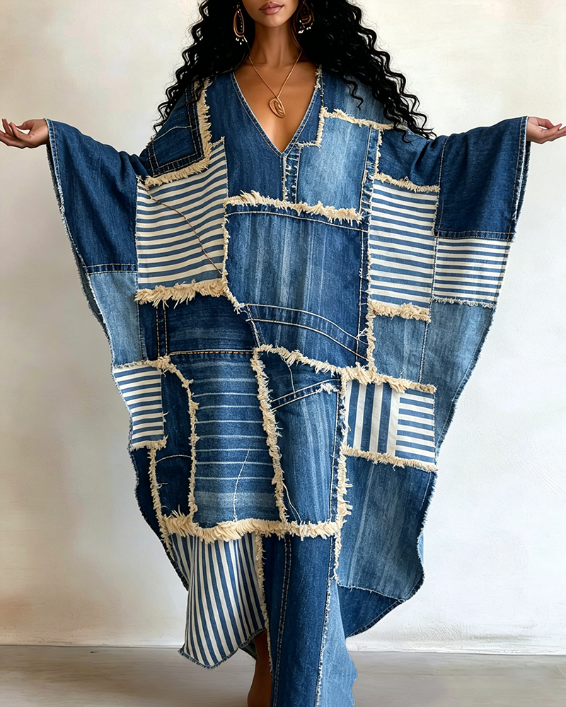 Denim Patchwork Print Patchwork V-neck Long Kaftan Dress