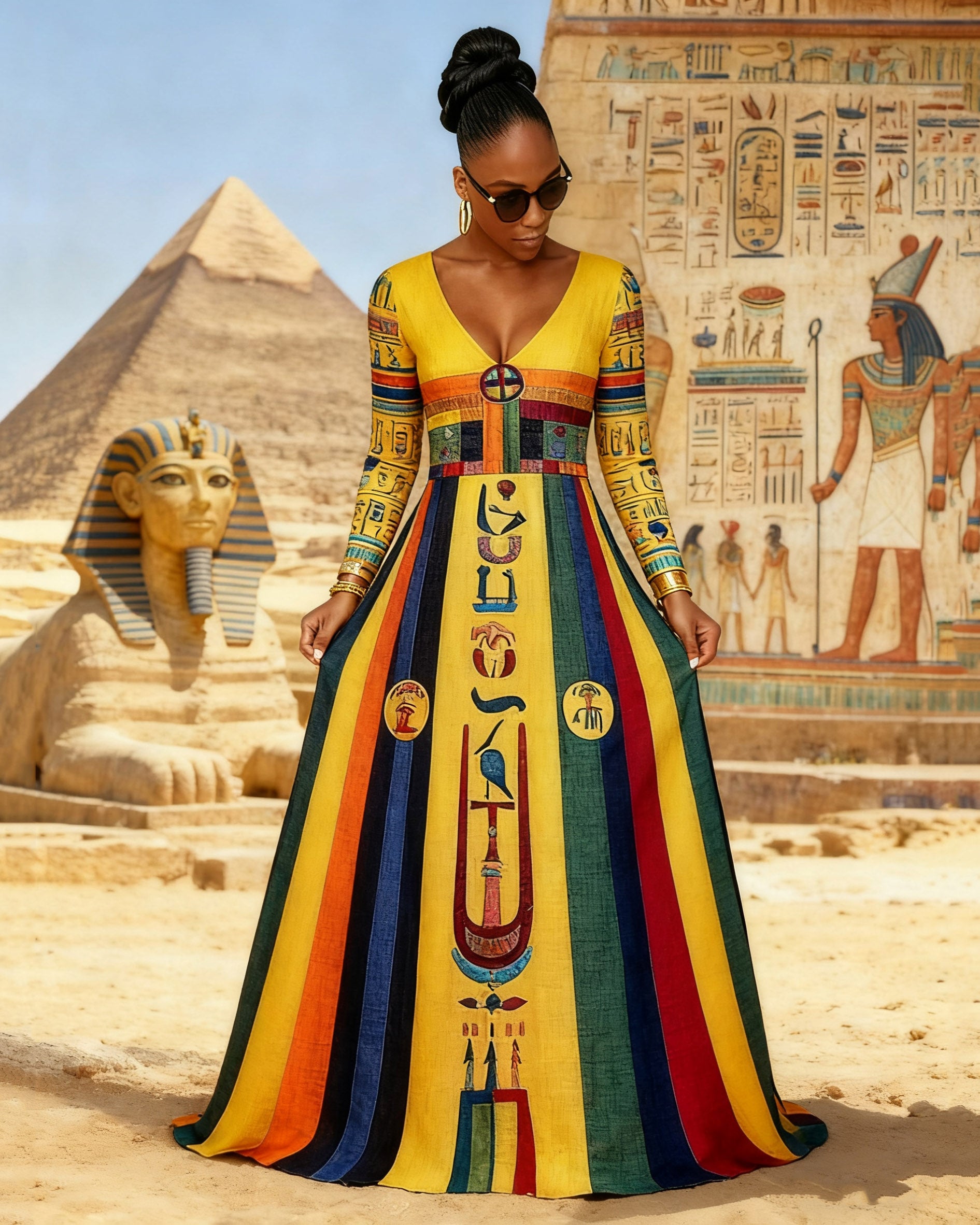 V Neck Black Culture Egyptian Colorful Stripes Long Sleeves Maxi Dress