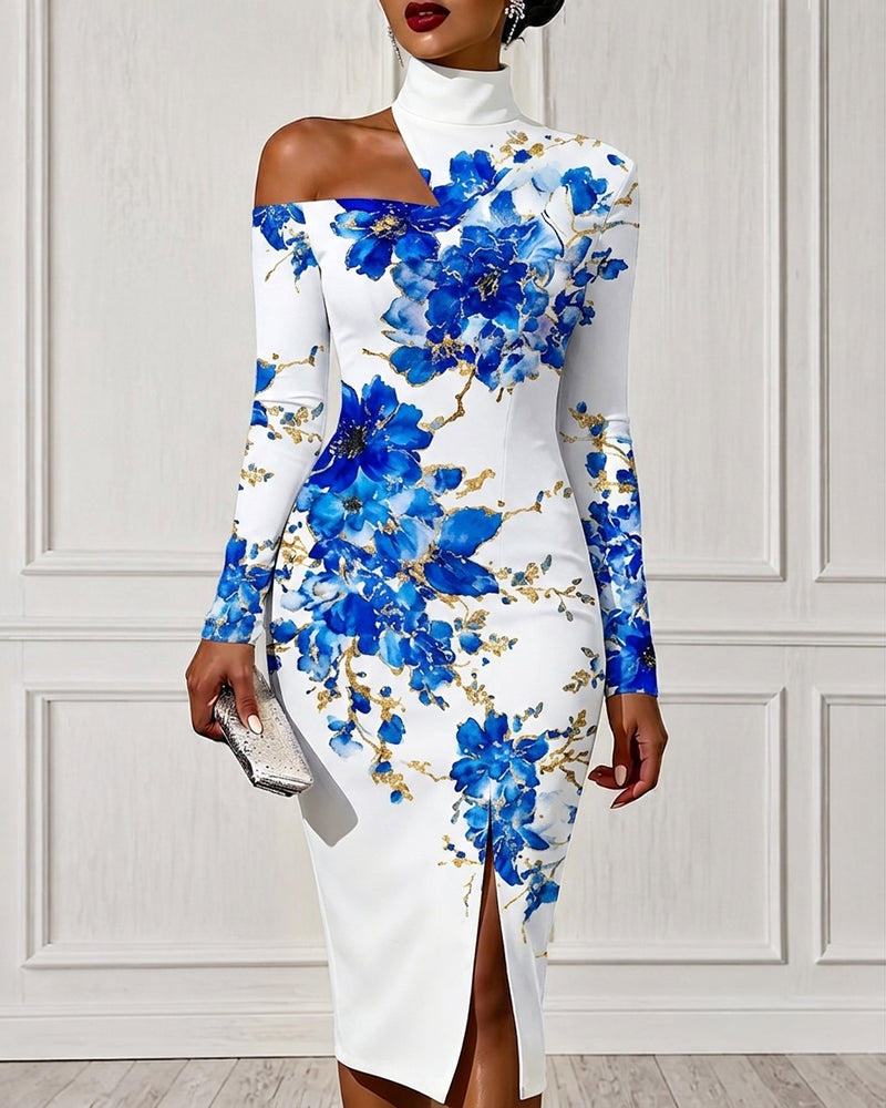 Blue Watercolor Flowers Off The Shoulder High-neck Slim Fit Dress Party Dress