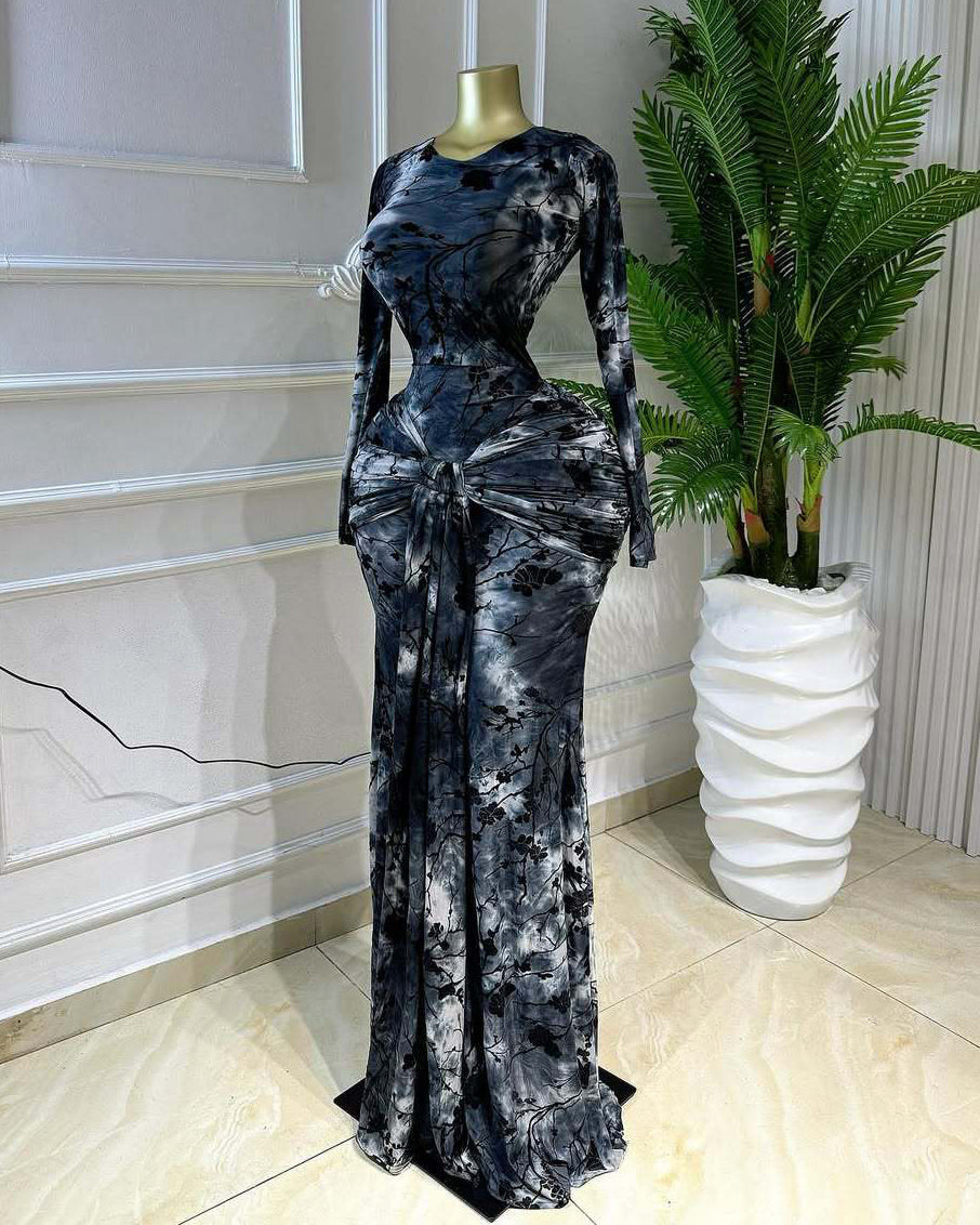Elegant Floral Printed Long Sleeve Mermaid Maxi Dress